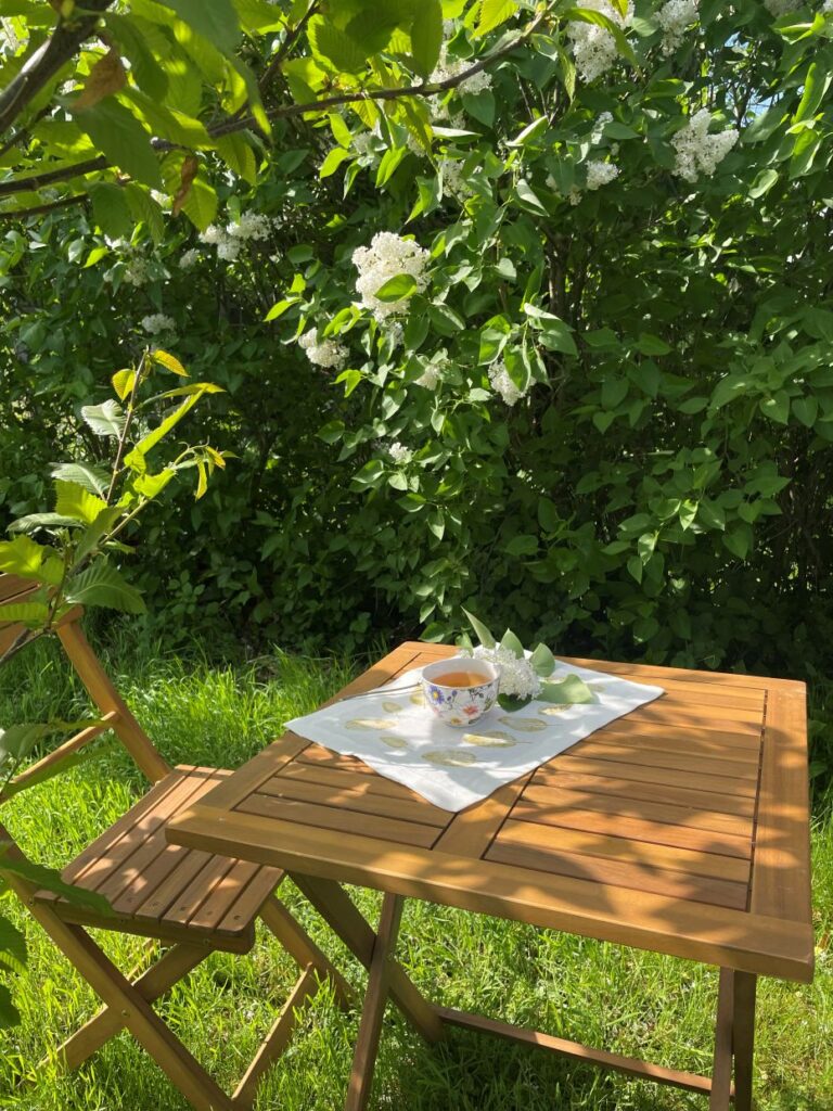 Chwilka z ogrodzie z filiżanka lilakowej herbatki.